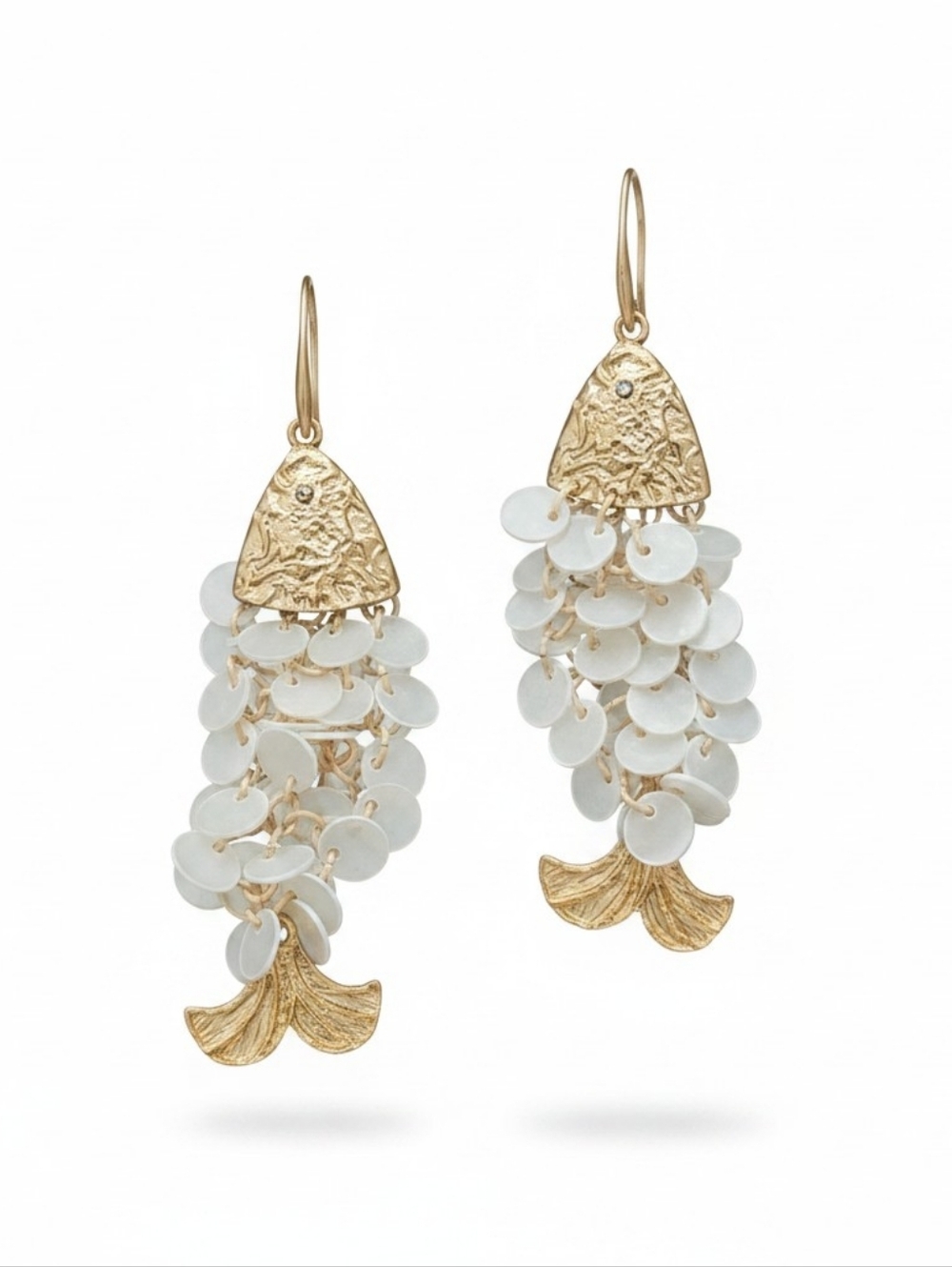 NWT Piper Gold and Cream Shell Fish Earrings.